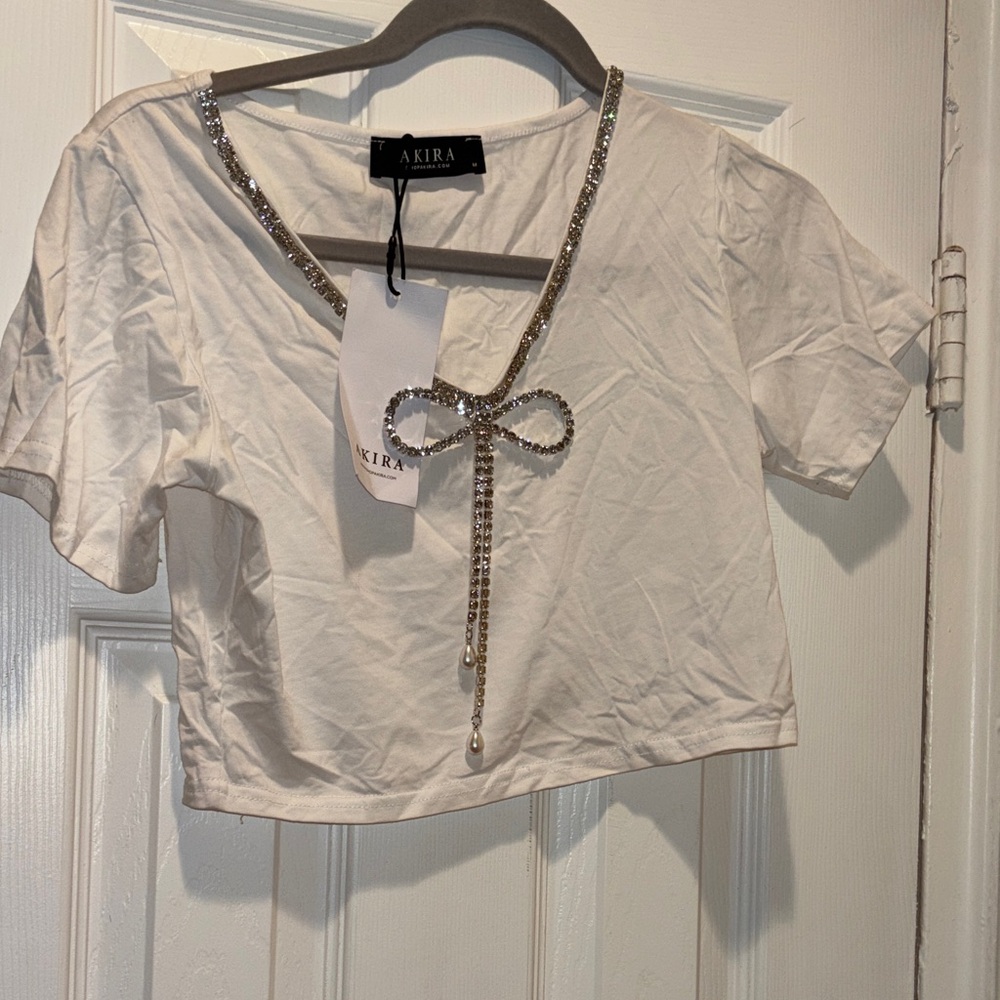 AKIRA White Cropped Tee with Crystal Bow and Trim